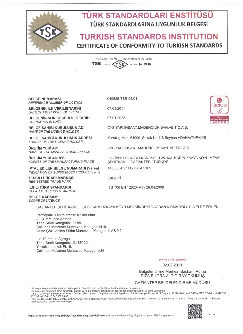 Cys Yapı | TSE 12620 - 1