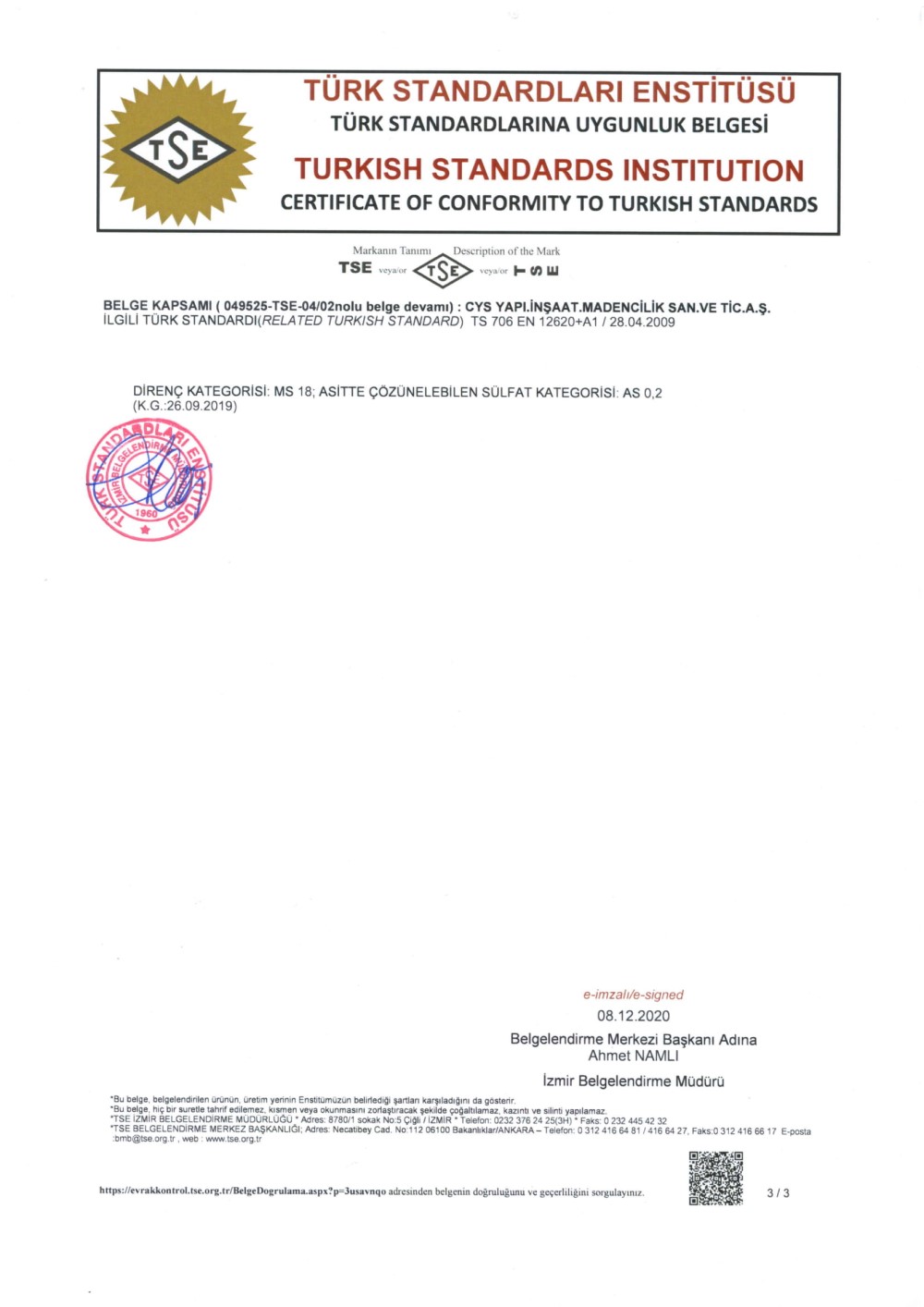 Cys Yapı | TSE 12620 - 3