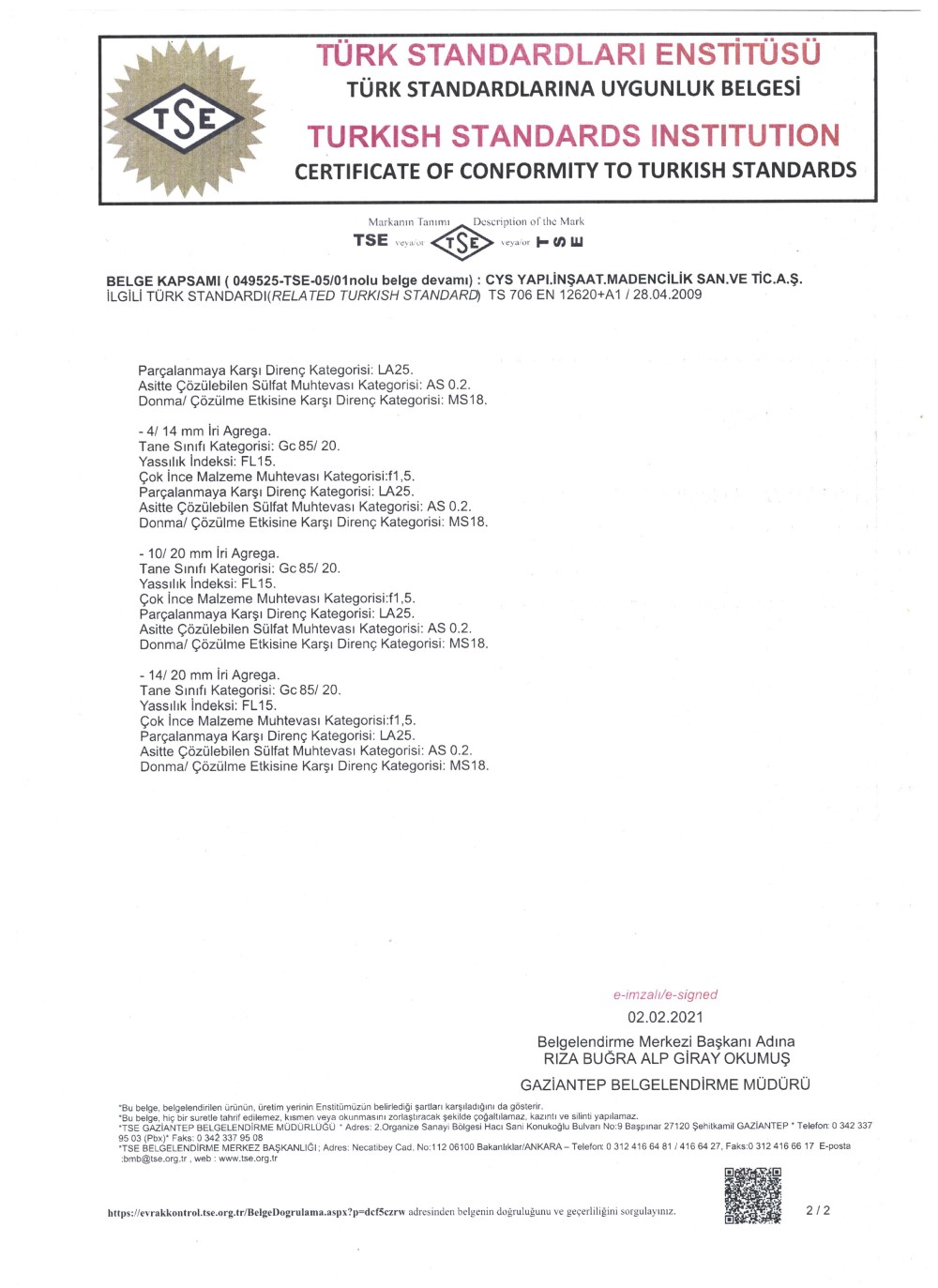 Cys Yapı | TSE 12620 - 2