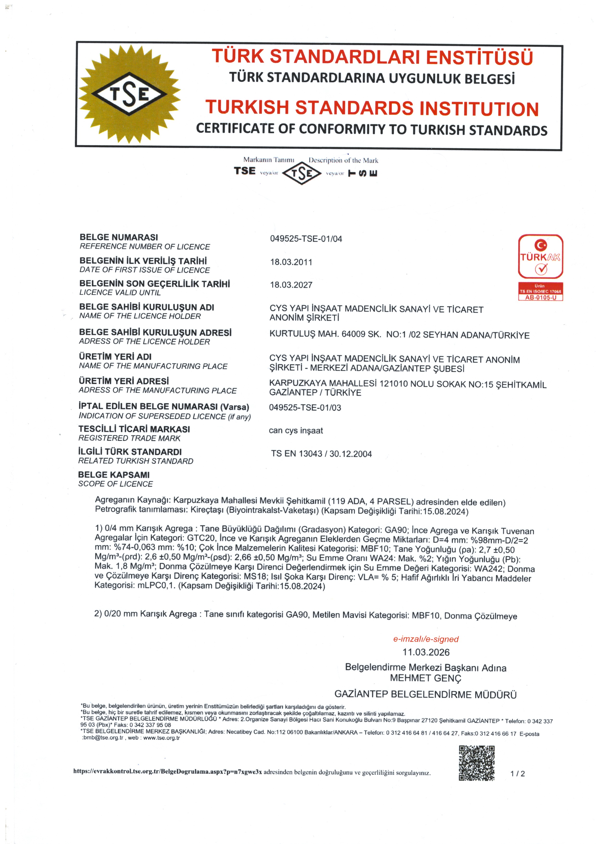 Cys Yapı | TSE 13043 - 1