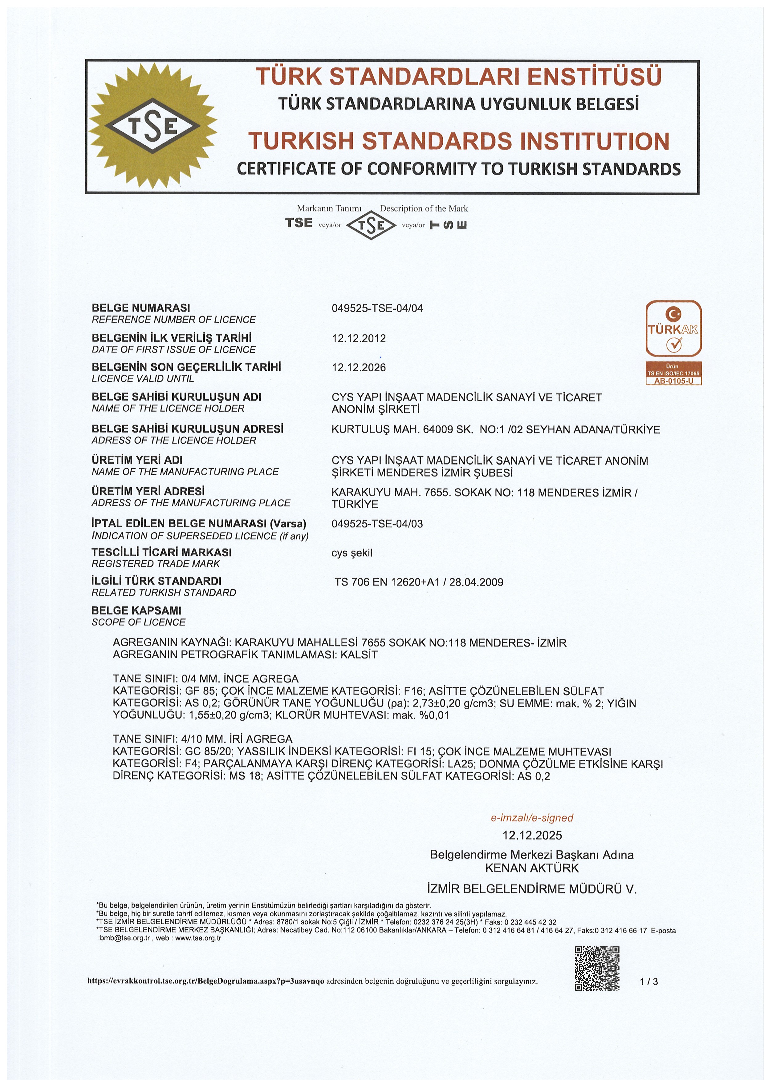 Cys Yapı | TSE 12620 - 1