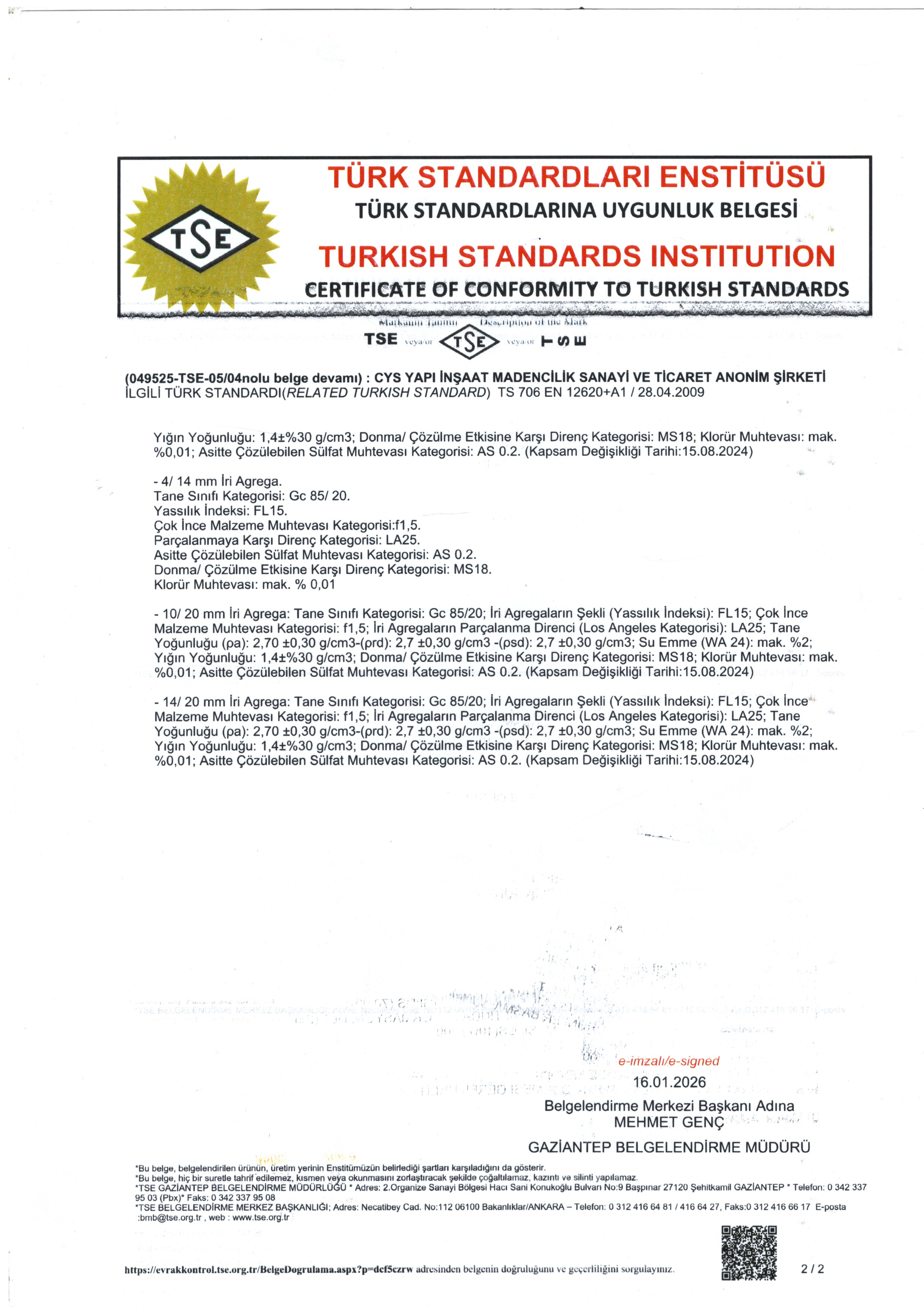 Cys Yapı | TSE 12620 - 2