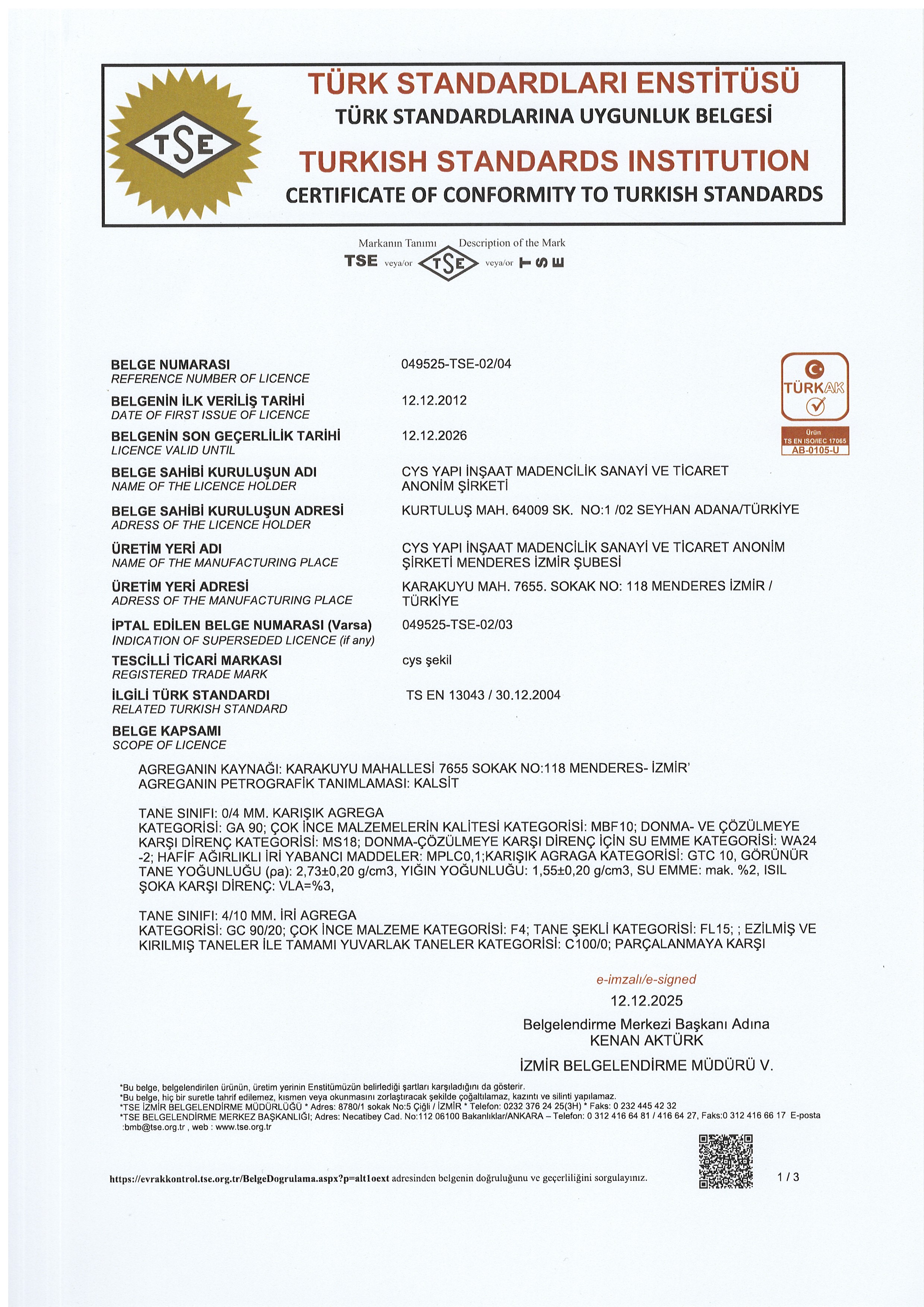 Cys Yapı | TSE 13043 - 1