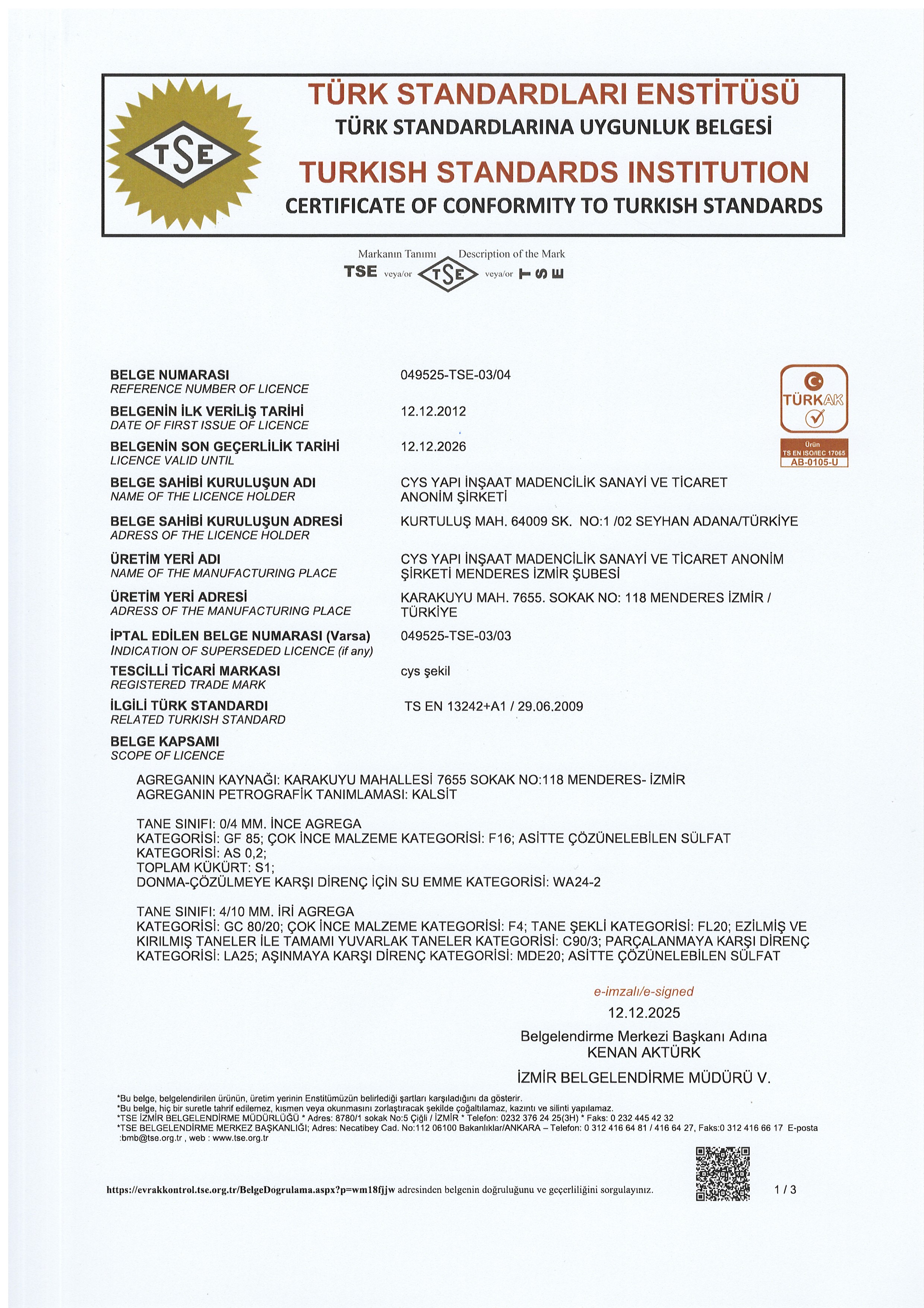 Cys Yapı | TSE 13242 - 1