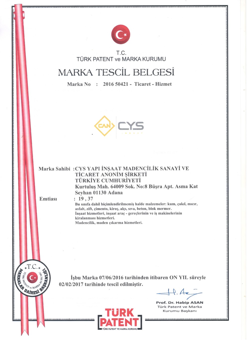 Cys Yapı | CYS Marka Tescil Belgesi