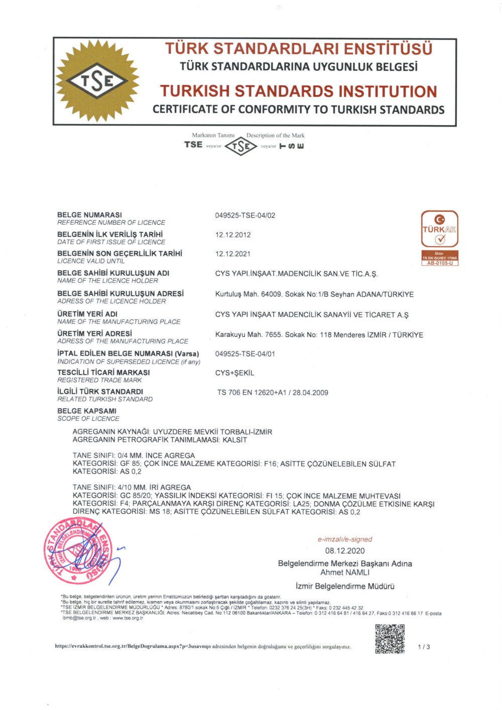 Cys Yapı | TSE 12620 - 1